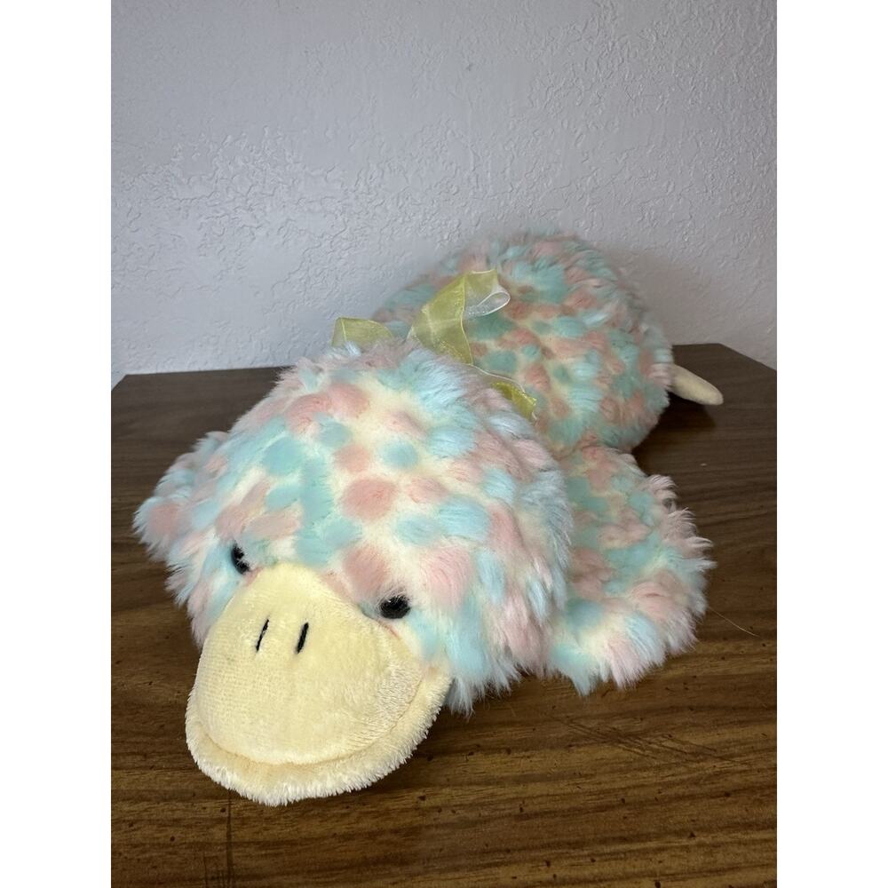 Golden Bear Co. Duck Plush Stuffed Animal Toy Pink Blue Yellow Bow Lying Down 16